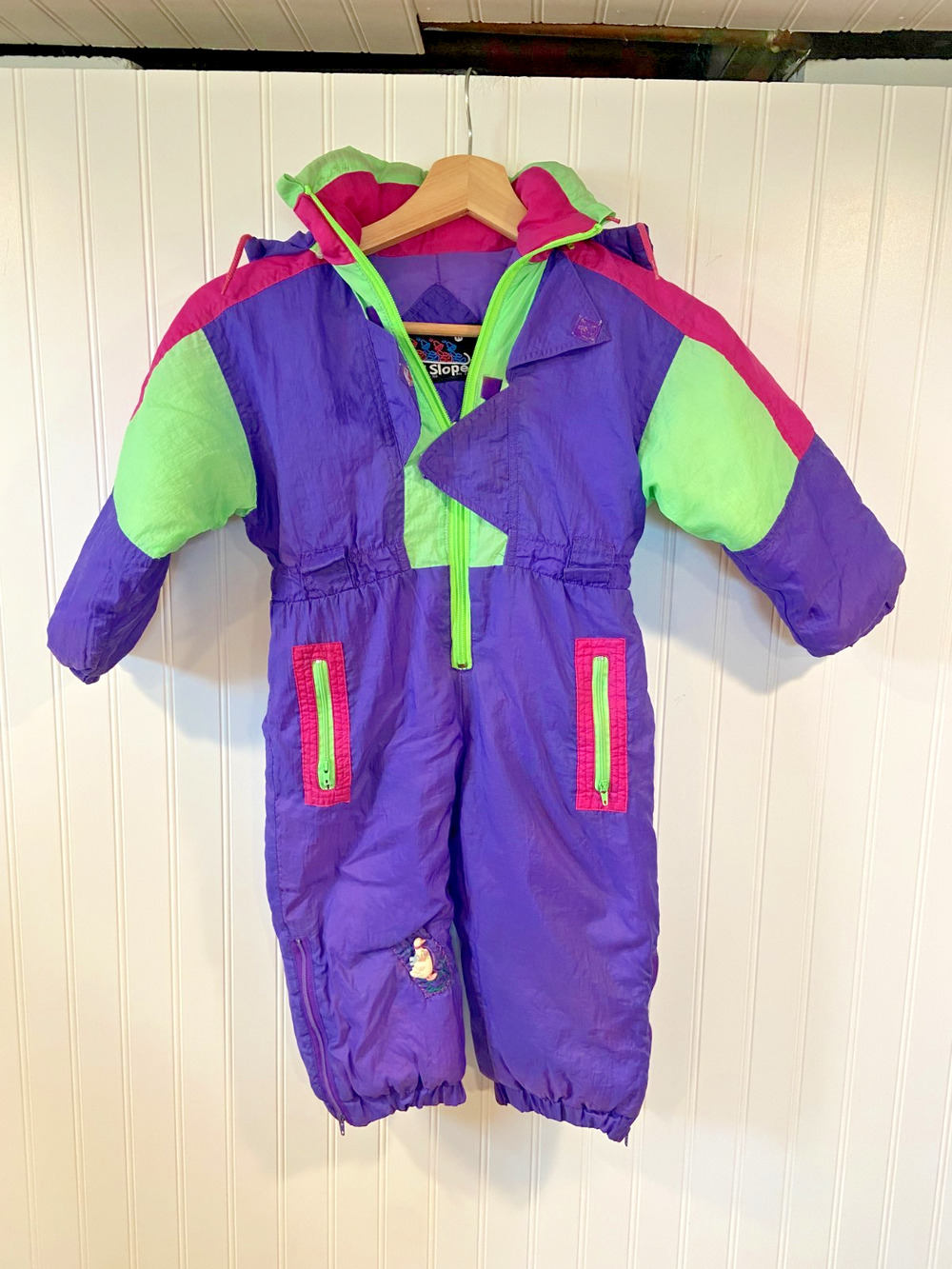 Vintage Ski Slope Ski Suit, Kids 3t, Purple & Green Colorblock, Goose accent